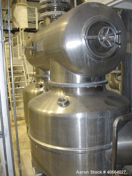 Used Ing. A. Rossi Triple Effect Continuous Fractional Evaporator, model ULTER, 316 stainless steel product contact areas. Approximately 2,500 to 3,000 square foot area. Forced circulation, rising fi...