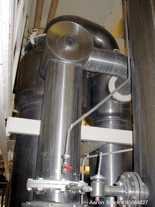 Used Ing. A. Rossi Triple Effect Continuous Fractional Evaporator, model ULTER, 316 stainless steel product contact areas. Approximately 2,500 to 3,000 square foot area. Forced circulation, rising fi...