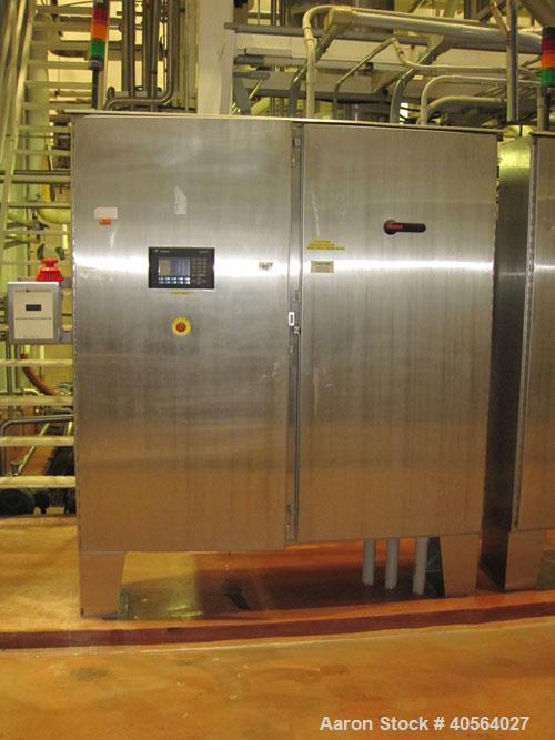 Used Ing. A. Rossi Triple Effect Continuous Fractional Evaporator, model ULTER, 316 stainless steel product contact areas. Approximately 2,500 to 3,000 square foot area. Forced circulation, rising fi...