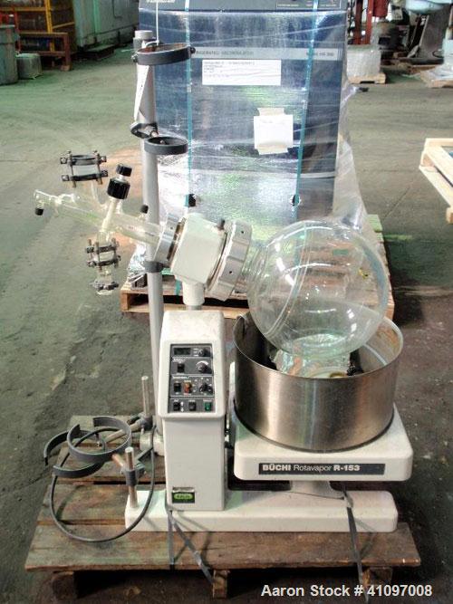 Used Buchi Rotovap Rotary Evaporator, Model R-153, with heated water bath, 20 liter glass evaporating flask, (2) 10 liter auxillary flasks, coil condenser and drive unit, .1 kw motor, 3750 watt, 230 ...
