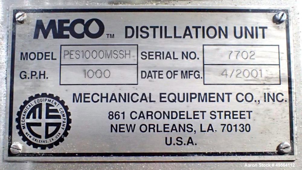 Used MECO Vapor Compression Still, Model PES1000MSSH. Nominally rated 1000 gph. 75 hp blower. Skid mounted. Serial# 7702, built 2001.