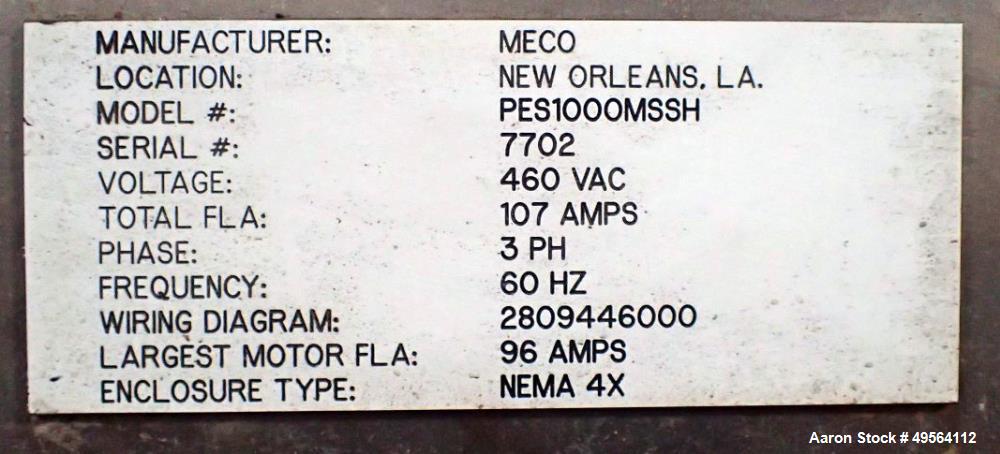 Used MECO Vapor Compression Still, Model PES1000MSSH. Nominally rated 1000 gph. 75 hp blower. Skid mounted. Serial# 7702, built 2001.