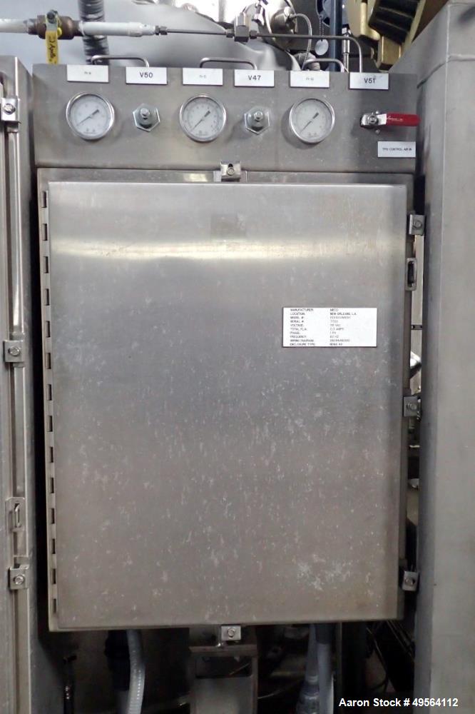 Used MECO Vapor Compression Still, Model PES1000MSSH. Nominally rated 1000 gph. 75 hp blower. Skid mounted. Serial# 7702, built 2001.