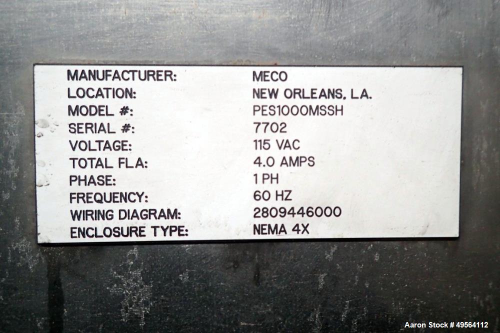 Used MECO Vapor Compression Still, Model PES1000MSSH. Nominally rated 1000 gph. 75 hp blower. Skid mounted. Serial# 7702, built 2001.