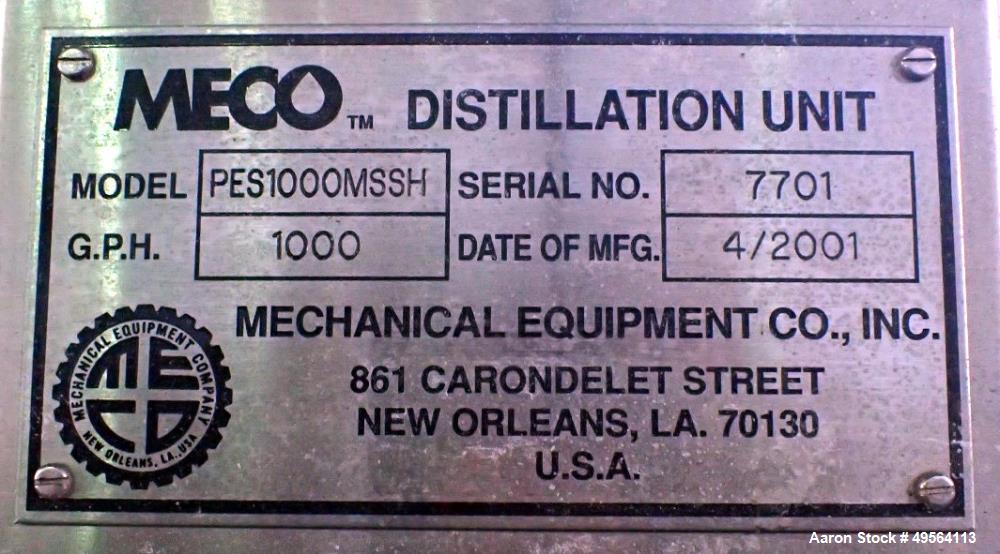 Used MECO Vapor Compression Still, Model PES1000MSSH. Nominally rated 1000 gph. 75 hp blower. Skid mounted. Serial# 7701, built 2001.
