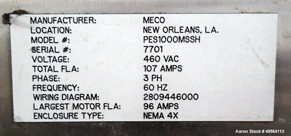Used MECO Vapor Compression Still, Model PES1000MSSH. Nominally rated 1000 gph. 75 hp blower. Skid mounted. Serial# 7701, built 2001.