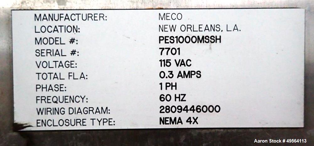Used MECO Vapor Compression Still, Model PES1000MSSH. Nominally rated 1000 gph. 75 hp blower. Skid mounted. Serial# 7701, built 2001.