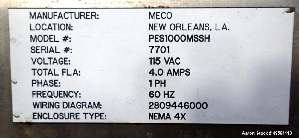 Used MECO Vapor Compression Still, Model PES1000MSSH. Nominally rated 1000 gph. 75 hp blower. Skid mounted. Serial# 7701, built 2001.