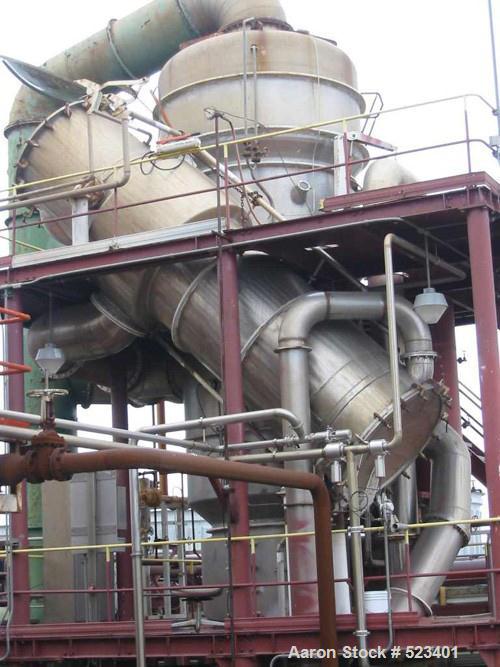 USED: Rossi Catelli double effect evaporator, model T60, rated 48,400 lbs/hour water evaporation, feed rate of 60,000 lbs/hour, finished product rate of 12,000 lbs/hour, 316 stainless steel. Used to ...