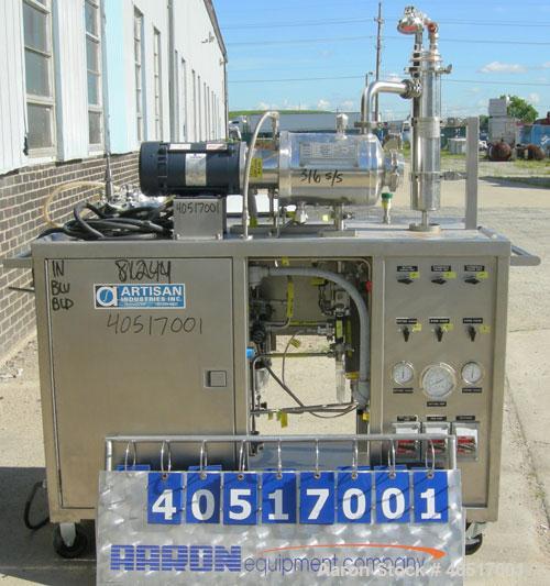 Used Artisan Single Cylinder Thin Film Evaporator, Model Protherm 50.  .5 square feet, horizontal, 316 stainless steel contact areas. 3-7/8" diameter x 13-1/2" long jacketed chamber. Internal rated F...