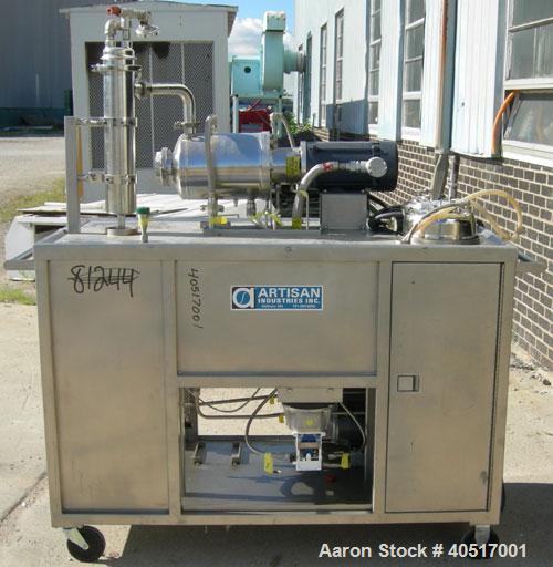 Used Artisan Single Cylinder Thin Film Evaporator, Model Protherm 50.  .5 square feet, horizontal, 316 stainless steel contact areas. 3-7/8" diameter x 13-1/2" long jacketed chamber. Internal rated F...