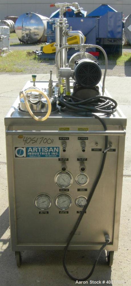 Used Artisan Single Cylinder Thin Film Evaporator, Model Protherm 50.  .5 square feet, horizontal, 316 stainless steel contact areas. 3-7/8" diameter x 13-1/2" long jacketed chamber. Internal rated F...