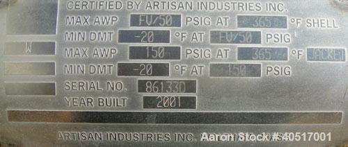 Used Artisan Single Cylinder Thin Film Evaporator, Model Protherm 50.  .5 square feet, horizontal, 316 stainless steel contact areas. 3-7/8" diameter x 13-1/2" long jacketed chamber. Internal rated F...