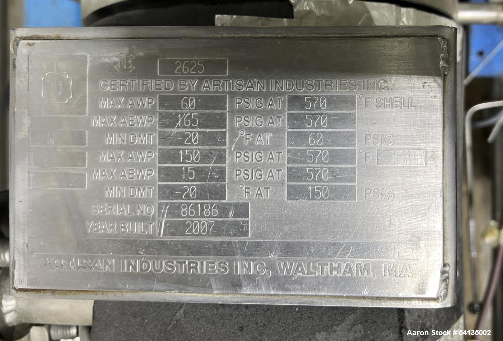 Used Artisan Industries Horizontal Thin Film Evaporator | 316 Stainless Steel | 5 HP Main Drive | 60 PSIG @ 570°F | NB# 2625 | Built 2007 | Mounted on Frame with Controls