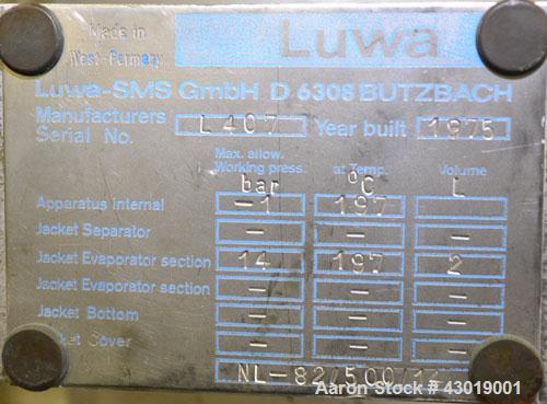 Used Luwa Thin Film Evaporator, Model NL-082/500/14, 316 Stainless Steel. Approximately 1.4 square feet surface area, 3" diameter x 21" long jacketed thermal section. Internal rated -1 bar (-14.50 ps...