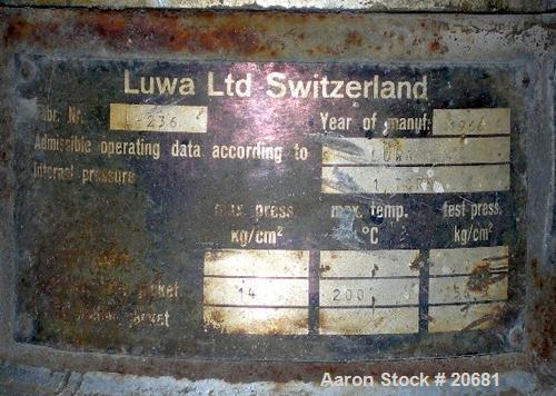 USED:Luwa thin film evaporator, 1.4 sq ft surface area, 316L SS, type L-082/500/14. Jacketed chamber 3" dia x 21" lg, rated 200 psig at 200 deg C. Internal rated F/V, N type standard closed form fixe...