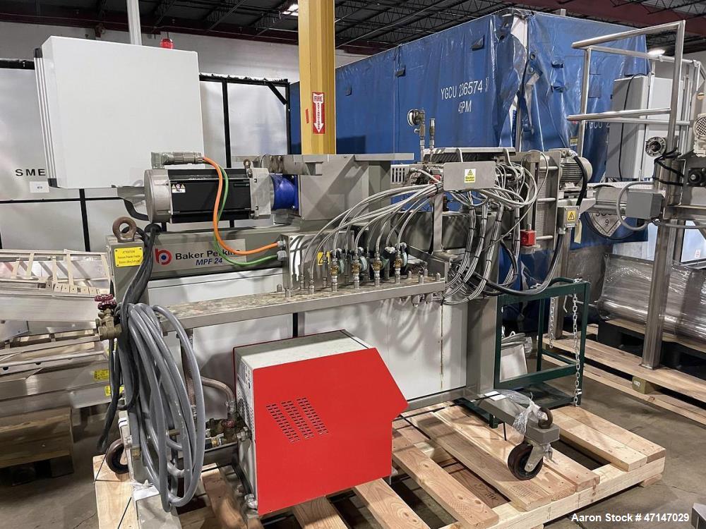 Used Baker Perkins MP24 Twin Screw Extruder with Chiller, PLC Controls & Spare Parts – Built 2015