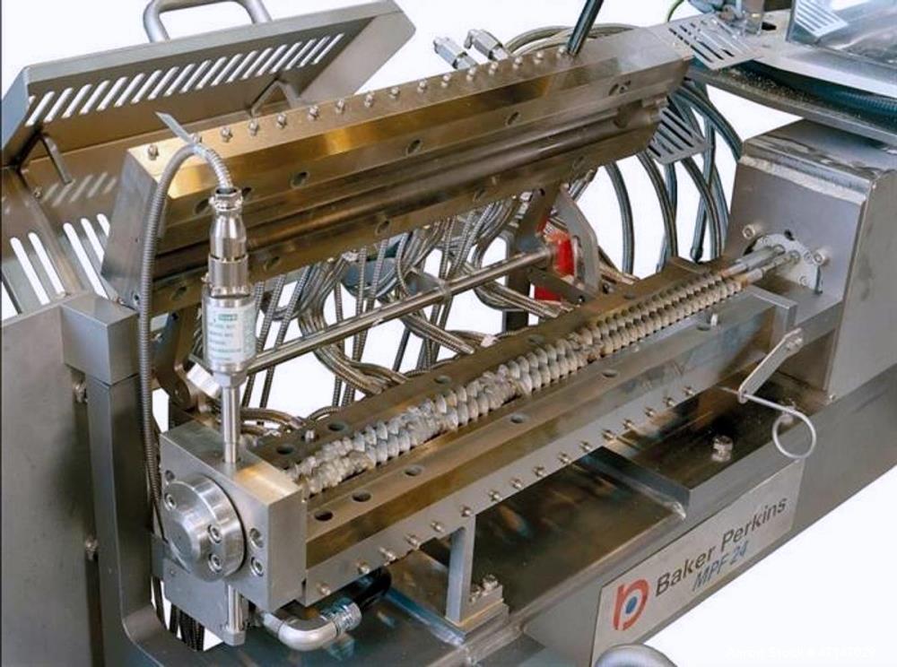 Used Baker Perkins MP24 Twin Screw Extruder with Chiller, PLC Controls & Spare Parts – Built 2015