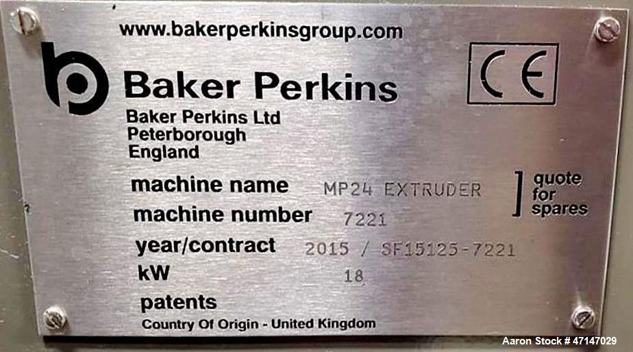 Used Baker Perkins MP24 Twin Screw Extruder with Chiller, PLC Controls & Spare Parts – Built 2015
