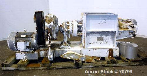 Used Bonnot Chopper/Extruder, 316/304 Stainless Steel. Non-jacketed trough 30" long x 20-1/2" wide x 25-1/2" deep. 6" diameter shaft, approximate 20" diameter x 50" long x 6-3/4" pitch screw. Driven ...