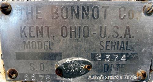 Used Bonnot Chopper/Extruder, 316/304 Stainless Steel. Non-jacketed trough 30" long x 20-1/2" wide x 25-1/2" deep. 6" diameter shaft, approximate 20" diameter x 50" long x 6-3/4" pitch screw. Driven ...