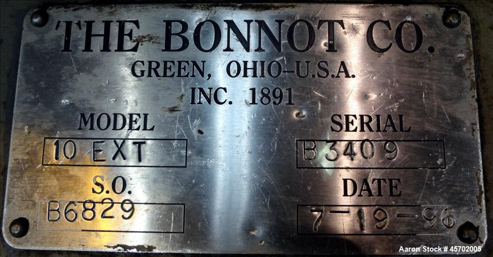 Used The Bonnot Co. Model 10 EXT Single Screw Extruder, Carbon Steel. 10" Diameter x 72" long screw, 7 to 1 L/D ratio. Missing grooved barrel sections. Driven by a 75hp, 3/60/230/460 volt, 1180 rpm m...