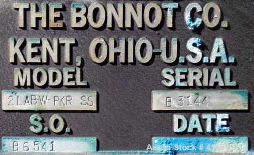 Used Bonnot 2" Single Packer Lab Extruder, model 2" LAB-W-PKR SS. Capacity 10 to 80 pounds per hour. Approximately 2" diameter x 20" long 15-5 PH stainless steel screw. 11" long section of carbon ste...