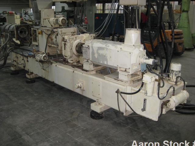 Used Clextral BC82 Twin Screw Food Cooking Extruder, built 1988. Stainless steel on contact parts, capacity for breakfast cereals approximately 1100 lbs/hour (500 kg/h), capacity for animal food appr...