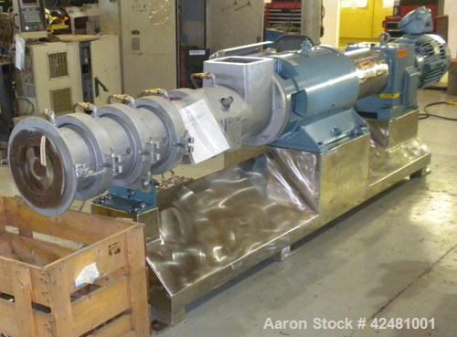 Used Extru-Tech Inline Extruder, Model E750-PDU-PT03-EX-300. Approximately 10’’ diameter 400 series stainless steel tapered screw. 316 Stainless steel jacketed feed section 10’’ x 8-3/4’’, no hopper....