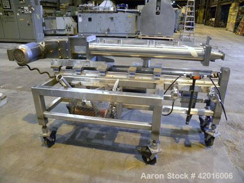 Used Twin Screw Food Extruder. (2) Approximately 4-1/2" diameter x 45" long polypropylene intermeshing screws. 316 Stainless steel non-jacketed barrel with (2) 2" and (8) 5/8" connections. 7-3/8" x 7...