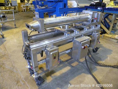 Used Twin Screw Food Extruder. (2) Approximately 4-1/2" diameter x 45" long polypropylene intermeshing screws. 316 Stainless steel non-jacketed barrel with (2) 2" and (8) 5/8" connections. 7-3/8" x 7...