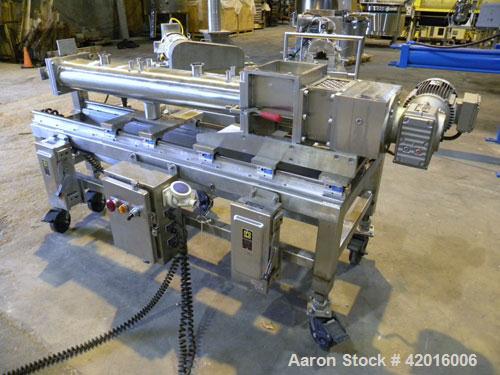 Used Twin Screw Food Extruder. (2) Approximately 4-1/2" diameter x 45" long polypropylene intermeshing screws. 316 Stainless steel non-jacketed barrel with (2) 2" and (8) 5/8" connections. 7-3/8" x 7...