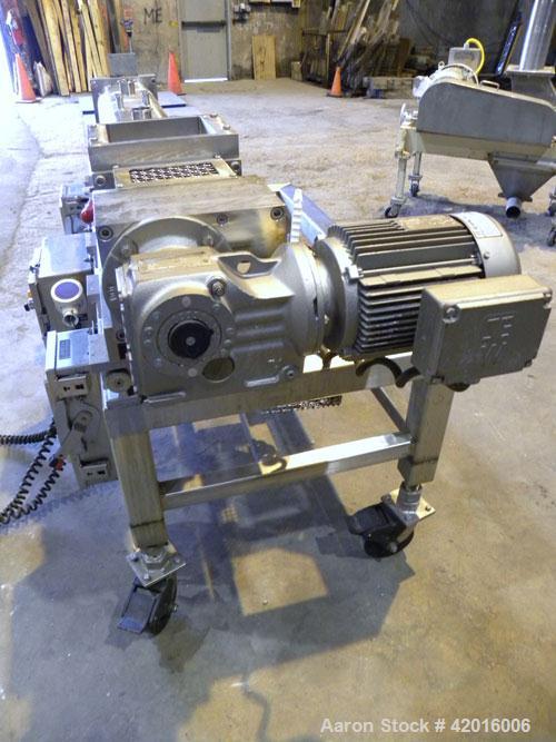 Used Twin Screw Food Extruder. (2) Approximately 4-1/2" diameter x 45" long polypropylene intermeshing screws. 316 Stainless steel non-jacketed barrel with (2) 2" and (8) 5/8" connections. 7-3/8" x 7...