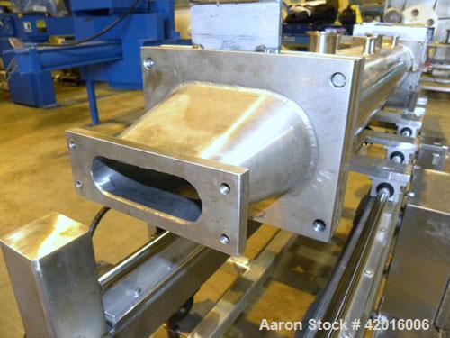 Used Twin Screw Food Extruder. (2) Approximately 4-1/2" diameter x 45" long polypropylene intermeshing screws. 316 Stainless steel non-jacketed barrel with (2) 2" and (8) 5/8" connections. 7-3/8" x 7...