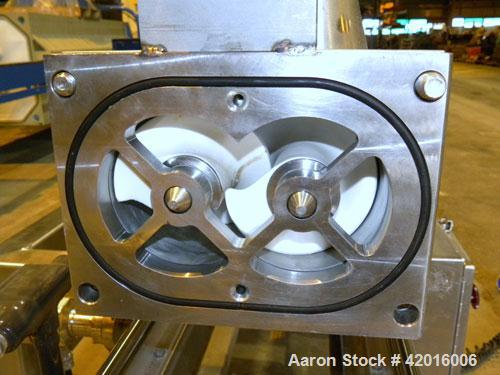 Used Twin Screw Food Extruder. (2) Approximately 4-1/2" diameter x 45" long polypropylene intermeshing screws. 316 Stainless steel non-jacketed barrel with (2) 2" and (8) 5/8" connections. 7-3/8" x 7...