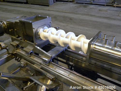 Used Twin Screw Food Extruder. (2) Approximately 4-1/2" diameter x 45" long polypropylene intermeshing screws. 316 Stainless steel non-jacketed barrel with (2) 2" and (8) 5/8" connections. 7-3/8" x 7...