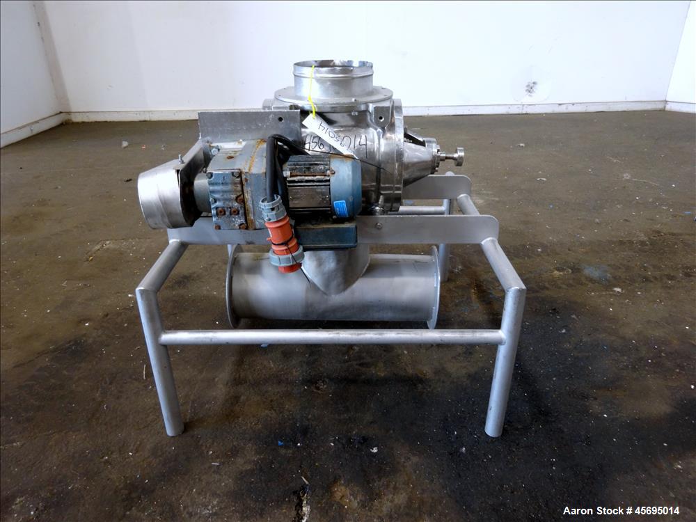 Used Rotary Valve, Stainless Steel. Approximate 8" diameter x 12" wide 8 blade open vane rotor. Top feed, bottom discharge. Driven by a 1/2hp, 3/60/230/460 volt, 1700 rpm gear motor, ratio 47.75 to 1...
