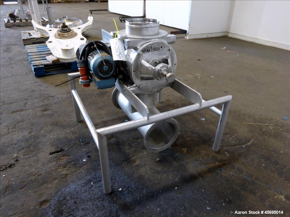 Used Rotary Valve, Stainless Steel. Approximate 8" diameter x 12" wide 8 blade open vane rotor. Top feed, bottom discharge. Driven by a 1/2hp, 3/60/230/460 volt, 1700 rpm gear motor, ratio 47.75 to 1...