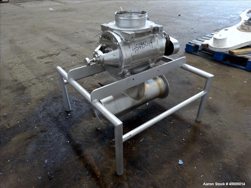 Used Rotary Valve, Stainless Steel. Approximate 8" diameter x 12" wide 8 blade open vane rotor. Top feed, bottom discharge. Driven by a 1/2hp, 3/60/230/460 volt, 1700 rpm gear motor, ratio 47.75 to 1...