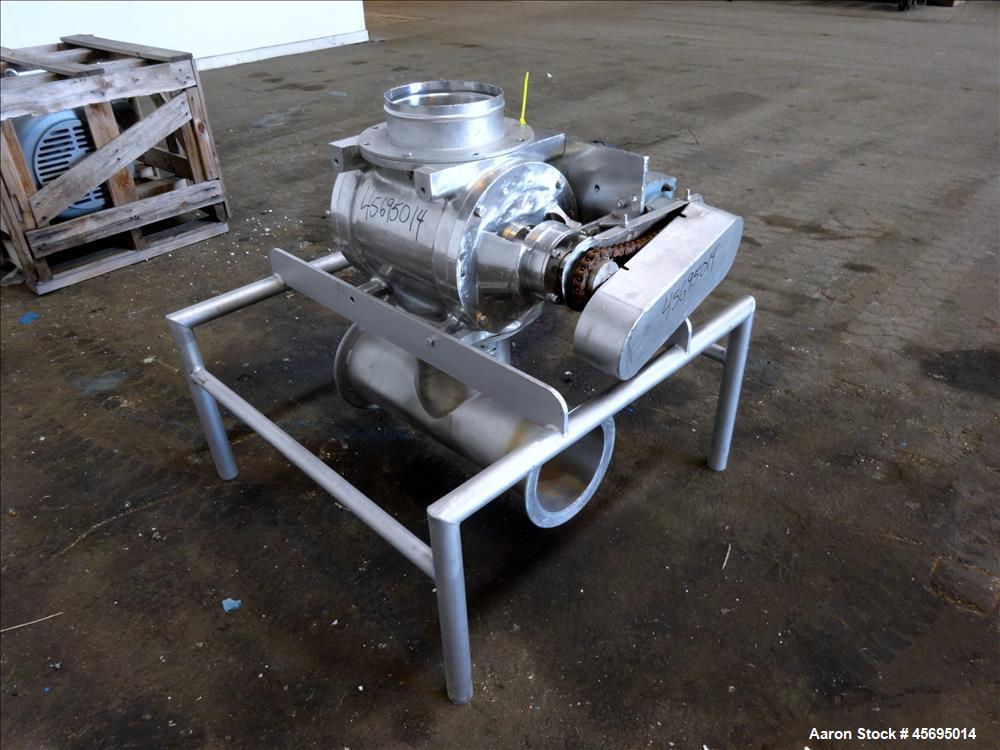 Used Rotary Valve, Stainless Steel. Approximate 8" diameter x 12" wide 8 blade open vane rotor. Top feed, bottom discharge. Driven by a 1/2hp, 3/60/230/460 volt, 1700 rpm gear motor, ratio 47.75 to 1...