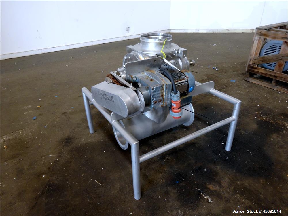 Used Rotary Valve, Stainless Steel. Approximate 8" diameter x 12" wide 8 blade open vane rotor. Top feed, bottom discharge. Driven by a 1/2hp, 3/60/230/460 volt, 1700 rpm gear motor, ratio 47.75 to 1...