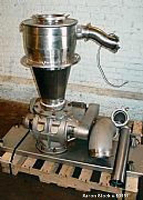 Used AZO Rotary Airlock, Model AL200, stainless steel. Includes a receiving hopper and stainless steel cyclone. Driven by an approximate 3 hp motor.