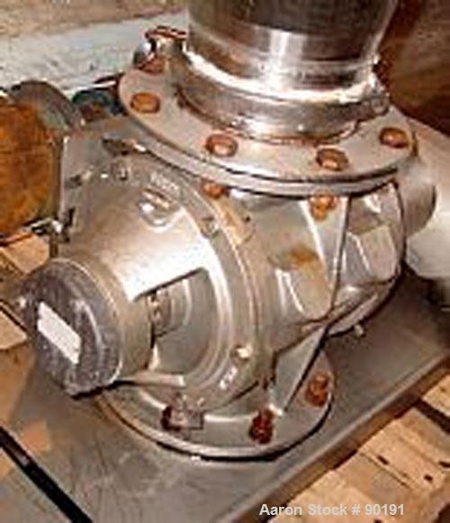 Used AZO Rotary Airlock, Model AL200, stainless steel. Includes a receiving hopper and stainless steel cyclone. Driven by an approximate 3 hp motor.