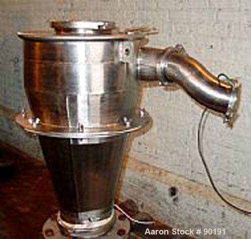 Used AZO Rotary Airlock, Model AL200, stainless steel. Includes a receiving hopper and stainless steel cyclone. Driven by an approximate 3 hp motor.