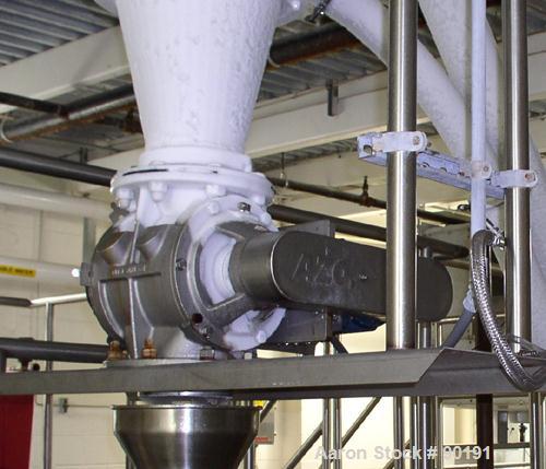 Used AZO Rotary Airlock, Model AL200, stainless steel. Includes a receiving hopper and stainless steel cyclone. Driven by an approximate 3 hp motor.