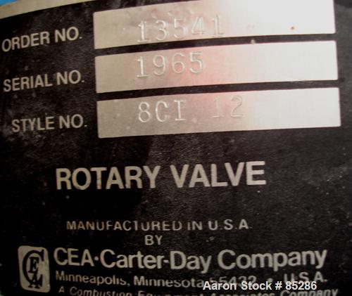 Used Carter Day Rotary Valve, Model 8CI12, Carbon Steel. 8" x 12". 8 vane rotor, approximately .80 cubic feet per revolution. Driven by a 1 HP, 180 Volt, 1750 RPM DC gearmotor. Mounted on a carbon st...