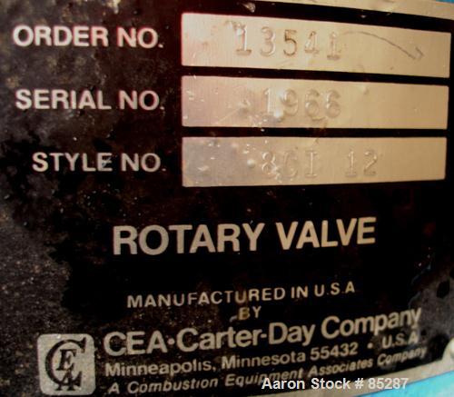 Used Carter Day Rotary Valve, Model 8CI12, Carbon Steel. 8" x 12". 8 vane rotor, approximately .80 cubic feet per revolution. Driven by a 1 HP, 180 Volt, 1750 RPM DC gearmotor. Mounted on a carbon st...