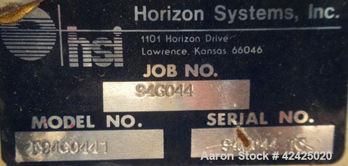 Used Horizon Systems Rotary Airlock, Model F94G0441, 304 Stainless Steel. Approximate 10" x 10" open vaned rotor, approximately 0.27 cubic feet per revolution, based on 100% pocket fill. Driven by a ...