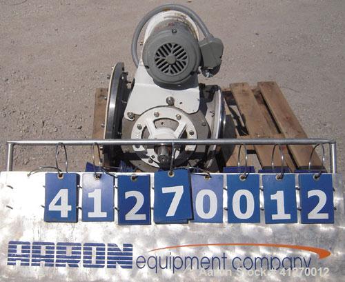 Used Kice Heavy Duty Rotary Airlock, Model VBDS10X8, 304 stainless steel. Approximate 10’’ diameter x 8" wide closed vane rotor, approximately .33 cubic feet per revolution. Driven by a 3/4 hp, 3/60/...