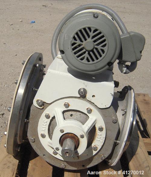 Used Kice Heavy Duty Rotary Airlock, Model VBDS10X8, 304 stainless steel. Approximate 10’’ diameter x 8" wide closed vane rotor, approximately .33 cubic feet per revolution. Driven by a 3/4 hp, 3/60/...